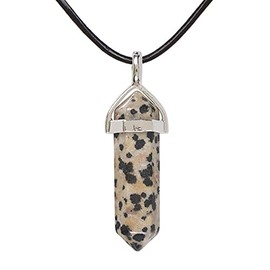 Justinstones Natural Dalmatian Gemstone Hexagonal Pointed Reiki Chakra Pendant Genuine Leather Necklace 18 Inch