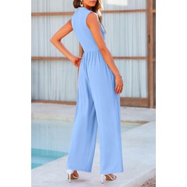 PRETTYGARDEN Womens Summer Jumpsuits Dressy Casual One Piece Outfits Sleeveless Mock Neck Wide Leg Pants Rompers with Pockets (Light Blue,Small)