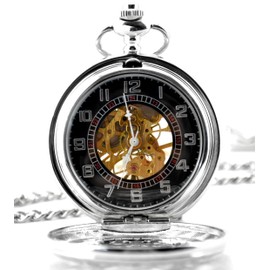 Infinite U Dual Time Display Hollow Skeleton Steel Hand Wind Mechanical Pocket Watch Silver