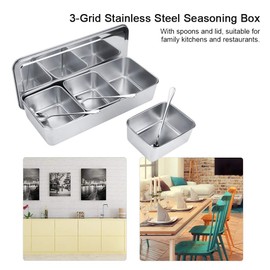 Lybunair Household 3Grid Stainless Steel Seasoning Box Jar Spice Container Set with Spoons and Cover