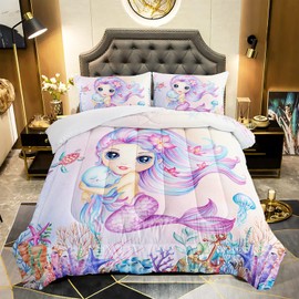 XYNHML Mermaid Comforter Set Queen Size Jellyfish Turtle Bedding Set Fish Grass Quilt Bed Set for Kid Girls with 1 Comforter and 2 Pillowcases