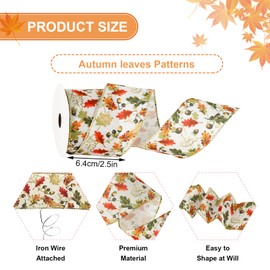 JarThenaAMCS Fall Wired Edge Ribbon Roll Vintage Autumn Leaves Fabric Ribbon Retro Leaf Craft Ribbon for Thanksgiving Farmhouse Wreath Bow Making, 12 Yard
