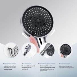 Netinpeater Universal Shower Head, Hand Shower with 5 Jet Types, Economy Shower Head, Rain Shower, Energy-Saving, Pressure Increasing (Without Hose)