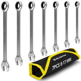 BLOSTM Ratcheting Combination Wrench Spanner Set - 7-Piece Metric Ratchet Spanner Set (8mm to 17mm), Combination Spanner Set for DIY, Car & Bike Repairs - Includes Roll-Up Storage Pouch 7 PCS