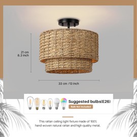 Boho Light Fixture Rattan Chandelier,13" Farmhouse Semi Flush Mount Ceiling Light,Rattan Light Fixture with 2-Tier Drum Shade,Boho Home Decor,Nursery Ceiling Light for Bedroom Kitchen Entryway Hallway