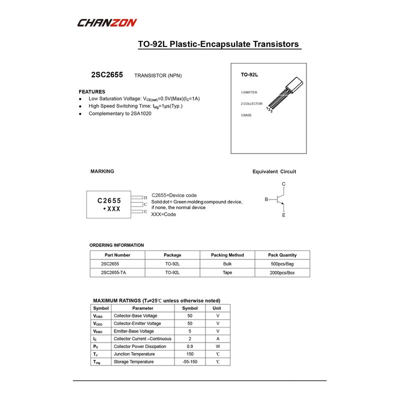 Chanzon Pack of 50 2SC2655 TO-92L NPN Transistor 2A