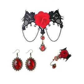 Punk Necklace Bracelet Earrings Set for Women Black Ruby Jewelry Lolita Retro Bracelet Wristband for Girls (Retro Set)…