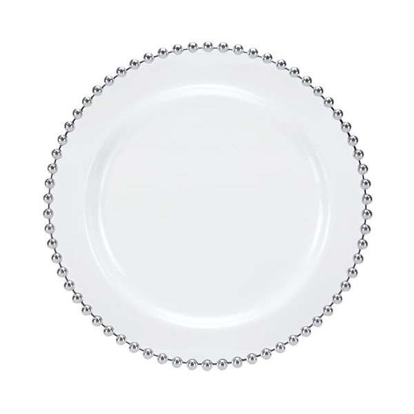 10.5 inch Silver Beaded White Round Dinner Plate – Elegant