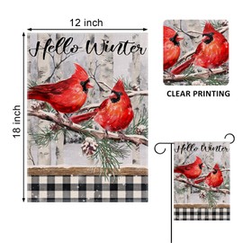 Covido Home Decorative Hello Winter Cardinals Garden Flag Black White Buffalo Plaid Check House Yard Red Bird Tree Branch Snow Pinecone Outside Decoration Christmas Farmhouse Outdoor Small Decor 12x18