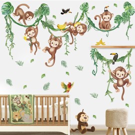 wondever Jungle Monkey Climbing Vines Wall Stickers Jungle Animals Vine Tropical Leaves Peel and Stick Wall Art Decals for Baby Nursery Kids Room Living Room