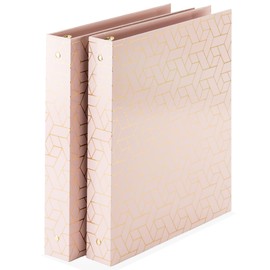 Pink Three Ring Binder 1 Inch - Fancy Aesthetic Binder with Gold Foil Geometric Design - Set of 2 Cute Binders for School, Office, College - Letter Size Decorative 3 Hole Binder - 3 Ring Pretty Binder