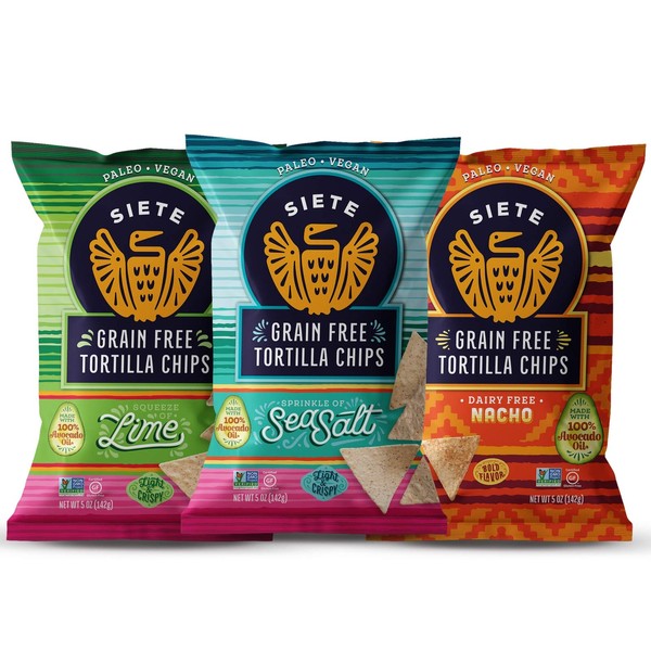 Siete Grain Free Tortilla Chips | Gluten Free Chips | Paleo & Vegan Snacks | Non GMO | Variety Pack, Lime, Sea Salt, Nacho, 5 Ounce (Pack of 12)