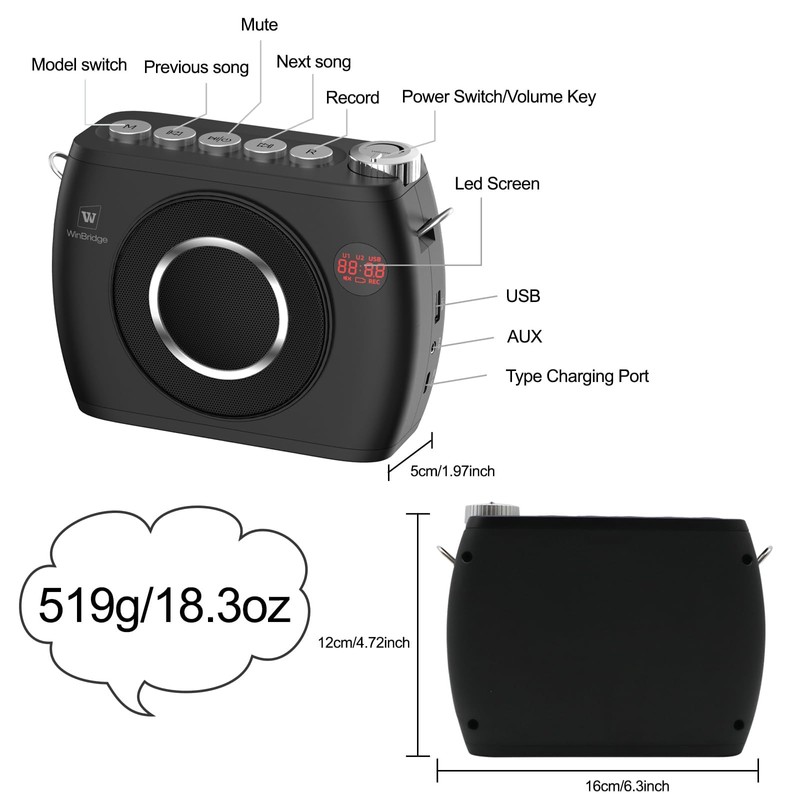 25W Wireless Voice Amplifier with Two Bluetooth Headset Microphones, High