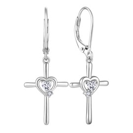 JIWOY Cross Earrings Sterling Silver Crucifix Dangle Drop Earrings Heart Cubic Zirconia Religious Jewelry for Women