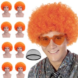 8Pcs Orange Afro Wig with Heart Sunglasses for Women Men, Colored Short Fluffy Curly Funny Party Afro Wigs 70s 80s Disco Hair for Disco Birthday Bachelor Halloween Party Cosplay Costume