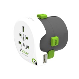 Q2 Power | Qdapter USB World to Europe | Universal-Reiseadapter mit Erdungsstecker und 1 USB Typ A 2,1 A | KID SAFE Stoßschutz | Spannung und Leistung 100V-1000W / 250V-2500W