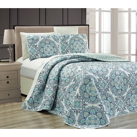 Mk Collection 3pc King Oversize Reversible Quilted Bedspread Set Floral Light Blue White Gray Navy Blue New