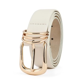 RISANTRY Women's Leather Belts for Jeans Dresses, White Leather Waist Belt Fashion Ladies Belts with Gold Buckle