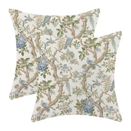 GIOPAMGO Chinoiserie Spring Pillow Covers 20x20 Set of 2, Blue Floral Green Leaf Birds Throw Pillows Linen Farmhouse Decor Cushion Case Home Decor for Couch Sofa