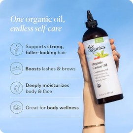 Sky Organics Aceite de ricino orgánico sin refinar, 100 % puro, sin hexano, hidratante y curativo, 16 oz (473 ml)