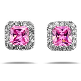 LaTisoro - arete de plata de ley 925 maciza, 11 x 11 mm, cuadrados, rosa y transparente, circonita cúbica, joyería, Gema, Circonia cúbica