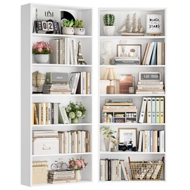 FOTOSOK 70.8" Tall Bookcase Shelf, 6 Tier Bookshelf with Storage, Open Shelf Bookcase Set of 2, Skinny Display Bookshelf for Living Room, Home Office, White