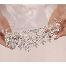 Rannyrena Silver Crystal Crown Tiara for Women Glitter Rhinestone Bridal Wedding Crowns Headband with Pearl Princess Quinceanera Headpieces for Birthday Prom Pageant Party (02Silver-white, Standard)