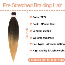 Mscat 26 Inch 3 Packs Pre Stretched Braiding Hair Ombre Brown Pre Stretched Braiding Professional Synthetic Prestretched Crochet Braids Hair Extension Hot Water Setting Yaki Texture (T27#)