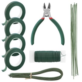 Floroom Floral Tape and Wire Kit with Cutter, 26 & 18 Gauge Stem Wire, 22 Gauge Paddle Wire, Flower Arrangement Tool Set for DIY Crafts, Wedding Bouquets, Florist Making & Supplies, Green