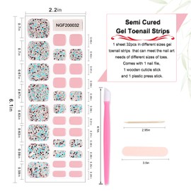 XEAOHESY 32pcs Semi Cured Gel Toenail Strips, Gel Pedicure Strips, Toe Nail Stickers, Needs to Be Cured With a Lamp, Come With Nail File, Wood Cuticle Stick, Plastic Press Stick（Blue Black Dots）