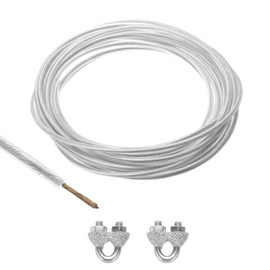 TOP-VIGOR 4mm Vinyl Coated Wire Rope, 6m / 20ft Galvanized Steel Cable Wire Rope Cable Grip with 2Pcs M5 U Bolt Saddle Cable Clip Clamps for String Light Hanging, Deck Railing, Garden Wire, Clear