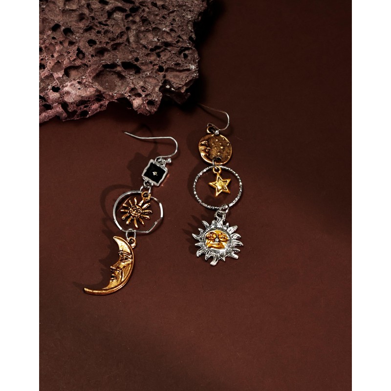 Teppdfann 14K Gold Plated Vintage Sun Moon and Star Asymmetric