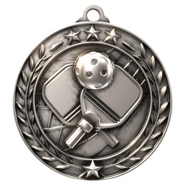 Decade Awards Pickleball Medal, Wreath - Silver | Engraved Pickleball Medal with Black Neckband - 3 Inch Wide - Customize Now (Silver-Black)