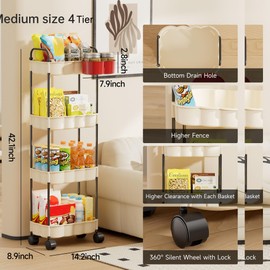 UFORU 4-Tier Rolling Utility Carts with Handle, Snack Carts with Wheels, Multi-Functional Storage Trolley for Office, Living Room, Kitchen, Organizer Carts with Hanging Cups and Lockable Wheels, White