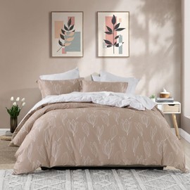 EWlinens Brown Plants Duvet Cover Queen Size - Botanical Leaf Printed Reversible Bedding Set 3 Pieces Soft Cotton Farmhouse Comforter Cover with Zipper Ties, 90"x90"