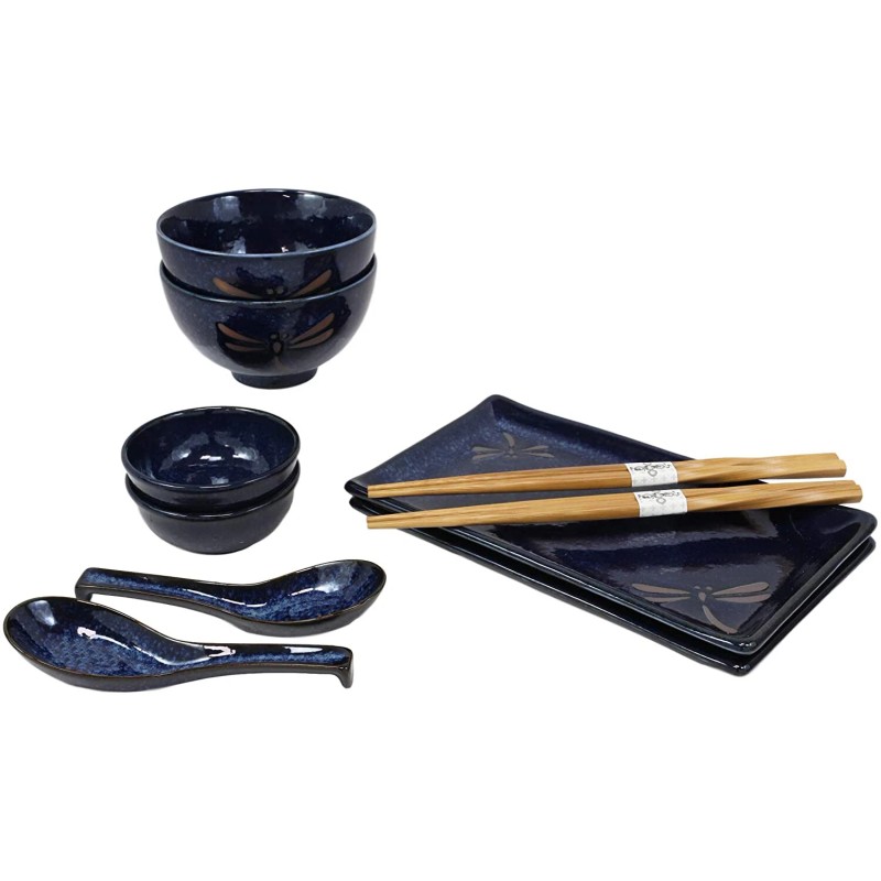 Japanese Pair Of Dragonfly Blue Motif Ceramic Sushi Dinnerware 10pc