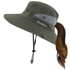 Mukeyo Sombrero de verano para mujer, de ala ancha, protección UV, plegable, para playa, pesca, senderismo, Verde ejército, Talla única