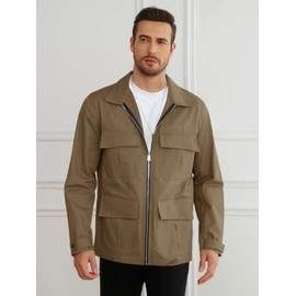 Runcati Mens Safari Jacket Military Full Zip Cargo Jacket Windproof Multi Pocket Outdoor Field Coat