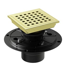 WEBANG 4 Inch Square Shower Floor Drain with Flange,Quadrato Pattern Grate Removable,Food-Grade SUS 304 Stainless Steel,Watermark&CUPC Certified, Brushed Gold Brass