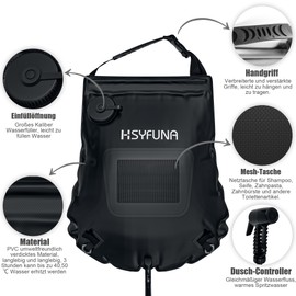 HSYFUNA Camping Shower, 5 Gallons/20 L with Temperature Display, Solar Shower, Camping, Hot Water 45°C Camping Shower, Outdoor, for Hiking Climbing