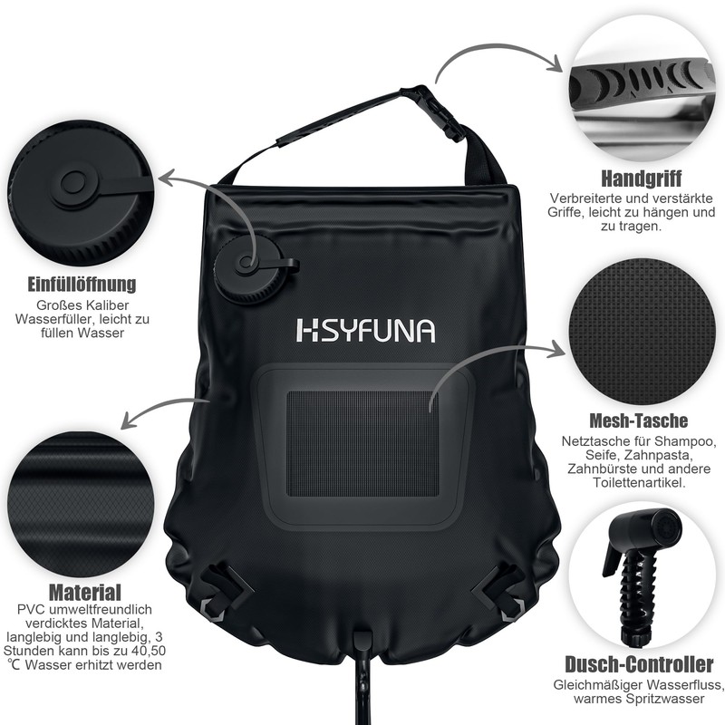 HSYFUNA Camping Shower, 5 Gallons/20 L with Temperature Display, Solar