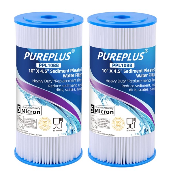 PUREPLUS 10" x 4.5" Whole House Pleated Sediment Filter for Well Water, Replacement Cartridge for GE FXHSC, Culligan R50-BBSA, Pentek R50-BB, DuPont WFHDC3001, American Plumber W50PEHD, GXWH40L, 2Pack
