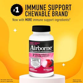 Airborne Very Berry Chewable Tablets, 32ct | Immune Support Supplement with 1000mg Vitamin C + Vitamins A, D, E, Zinc,Selenium, & Manganese | Herbal b