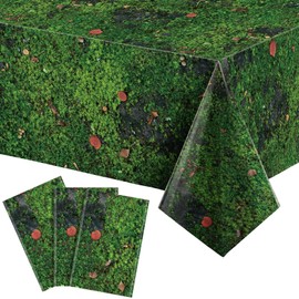 Tiamon 3 Pcs Green Moss Plastic Tablecloth 108 x 54 Inch Green Grass Leaves Table Cover Disposable Green Grass Table Cloth for Rectangle Table Forest Jungle Plants Nature Birthday Party Supplies