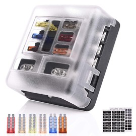 MICTUNING 6-Way Fuse Block Holder-Blade Fuse Box Screw Nut Terminal with Negative Bus,7.5A 5A 10A 15A 20A 25A Fuses,LED Indicator,Sticker Labels for Automotive Car Marine Box