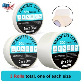360Tronics Painters Tape White 60 Yards  3 Roll Multi Surface Removes Easily No Residue DIY
