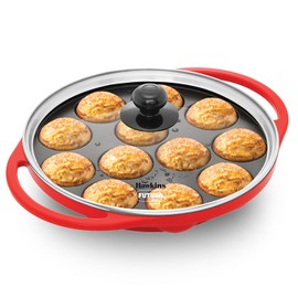 Hawkins Futura 24 cm (inside diameter) Appe Pan 26 cm outer diameter, Non Stick Paniyaram maker with Glass Lid, 12 Cups Paniyarakkal, Litti, Kuzhi Paniyaram, Ponganalu, Red (NAPE24G)