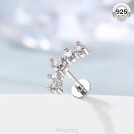Melighting Helix Piercing Stud Sterling Silver 925 Tragus Earrings Curved Flat Back Earring 16G Internally Threaded Labret Stud CZ Cartilage Earring
