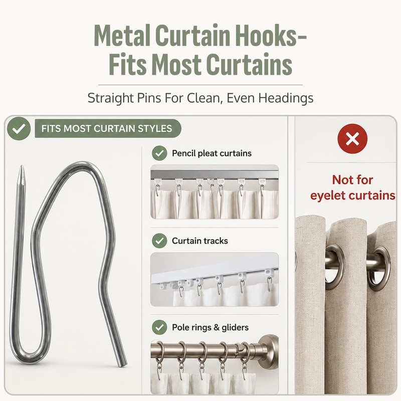 Curtain Hooks - Heavy Duty Metal Pin Hooks, 50 Pack