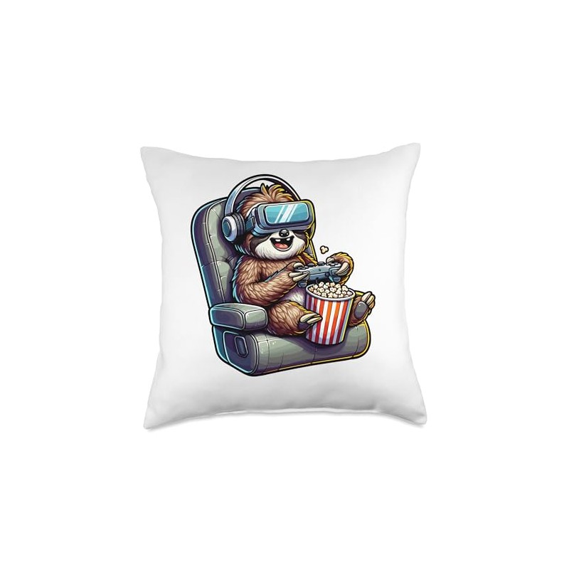 Gamer Sloth Popcorn Gaming Chair Headphones Games Player Throw Pillow